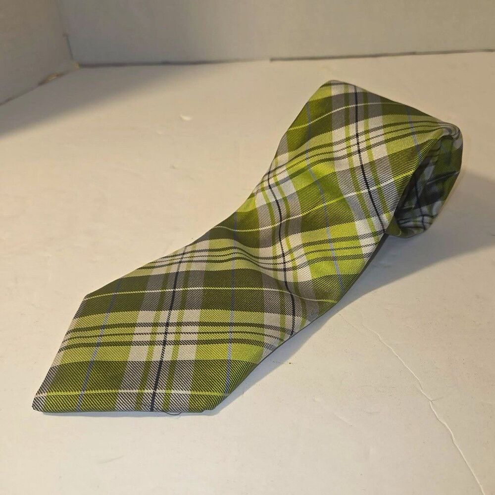 Nordstrom Men's Plaid Woven Tie Green Gray White Blue Pointed Style